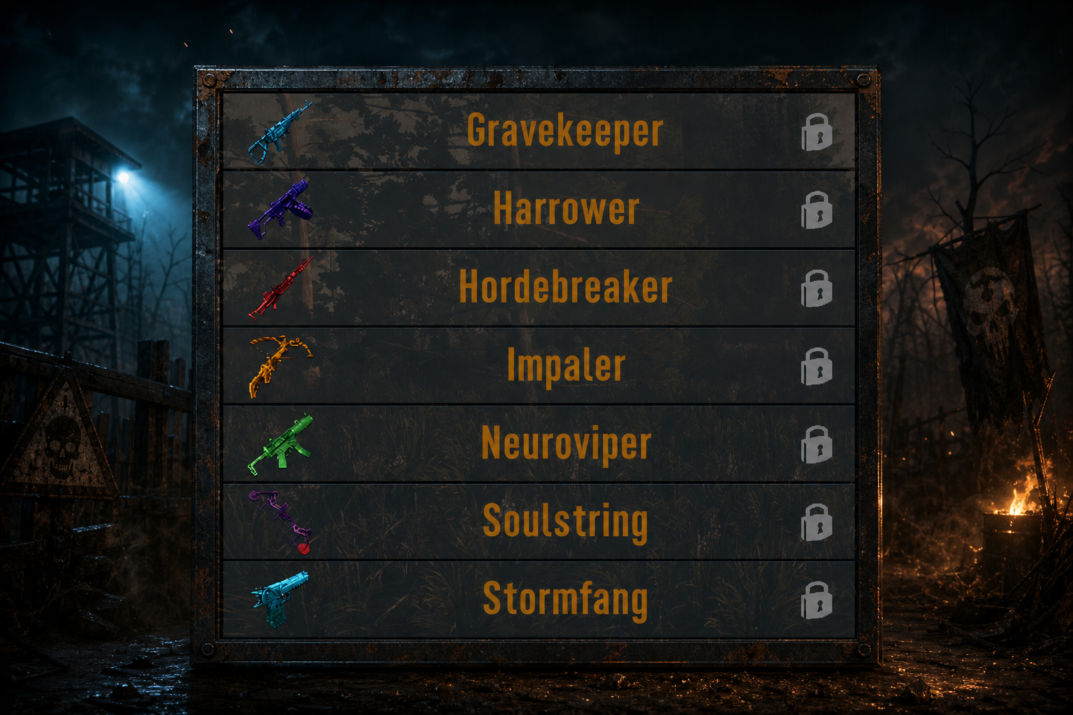 Seven color-coded Undead Ascension endgame weapons