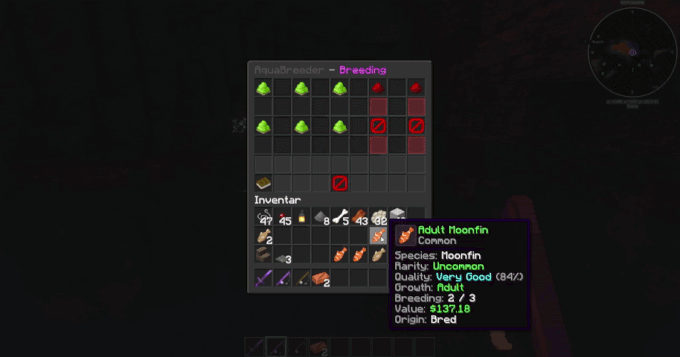 AquaBreeder breeding GUI showing fish breeding slots and breeding progress