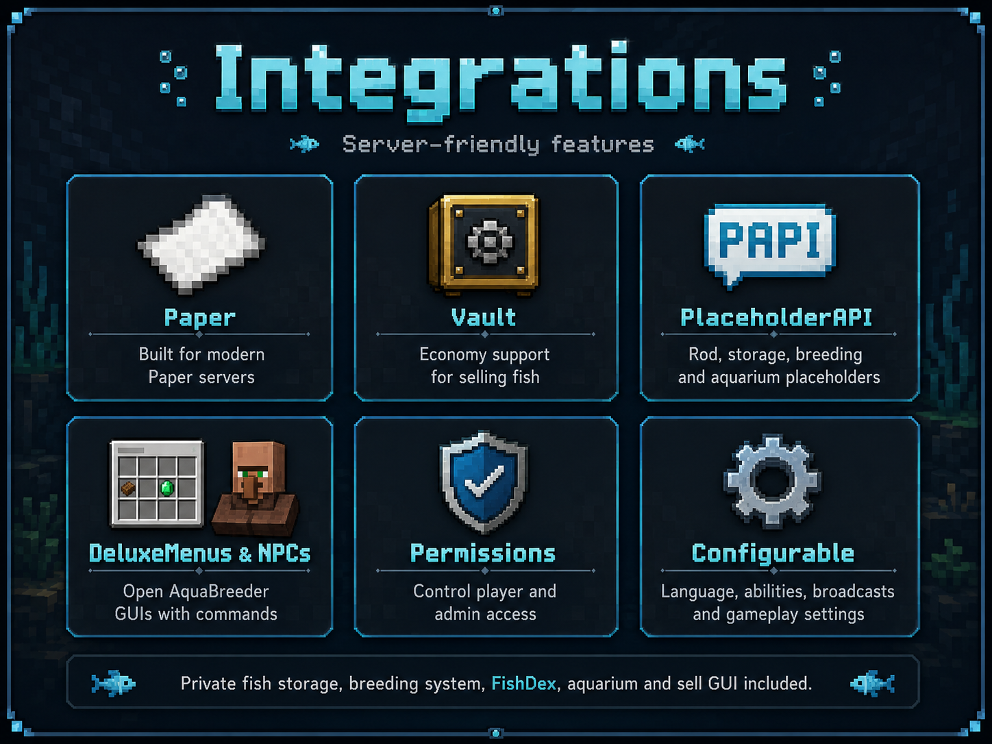 AquaBreeder integrations overview showing Vault, PlaceholderAPI, Jobs Reborn, DeluxeMenus and NPC support