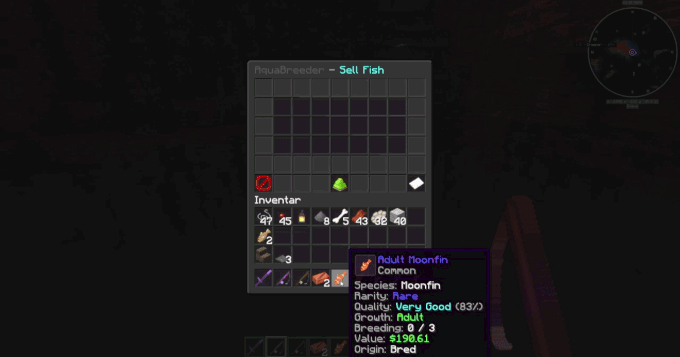 AquaBreeder sell GUI where players can place custom fish and confirm the sale